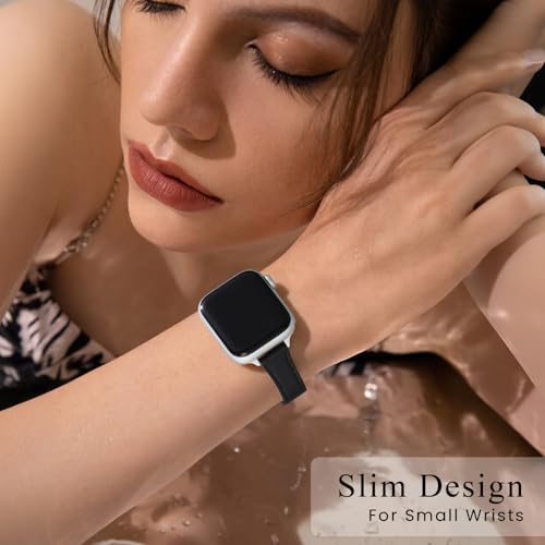 Image of STIROLL Slim Leather Bands Compatible with Apple Watch Band 38mm 40mm 41mm 42mm(Series 11 10), Top Grain Leather Watch Thin Wristband for iWatch SE 9 8 7 6 5 4 3 2 1 (Black Silver)