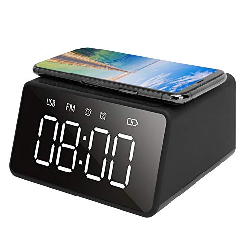 Reloj despertador con radio de cabecera, altavoz Bluetooth de carga inalmbrica, sonido de despertador de escritorio junto a la cama con carga inalmbrica para telfono mvil, tarjeta de soporte, radi