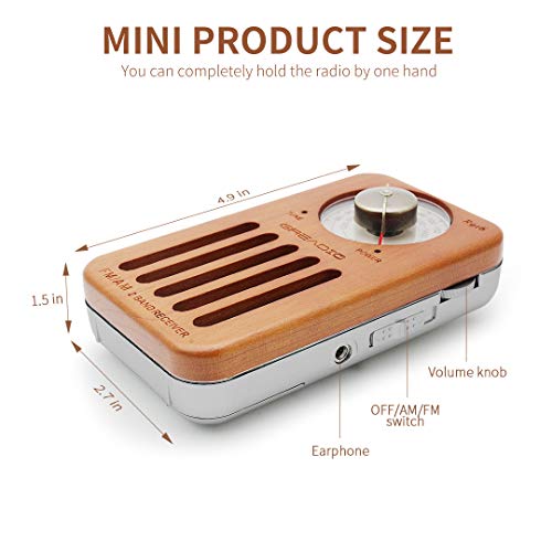 AM/FM Portable Radio, Retro Cherry Wood Pocket Radio with Best Reception, Headphone Jack, Battery Operated Personal Transistor by 2 AA Battery for Jogging, Walking and Travelling