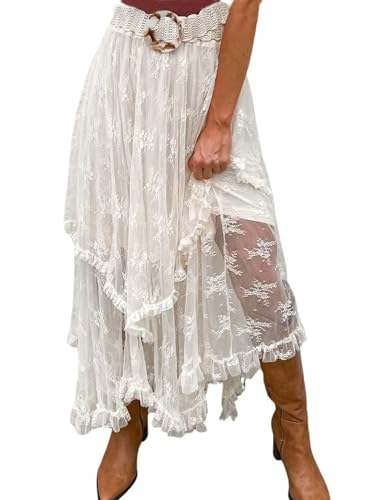 CHARTOU Women Lace Long Skirt Summer Boho Beach Asymmetrical Tiered Flowy Maxi Skirt