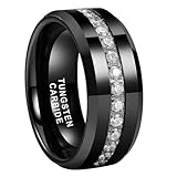 TUTISS 8mm Black Tungsten Rings for Men Women Couple Eternity Anniversary Engagement Wedding Bands Fashion Jewelry CZ Stone Inlay Beveled Polished Shiny Comfort Fit Size 10.5