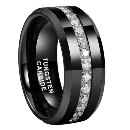 TUTISS 8mm Black Tungsten Rings for Men Women Couple Eternity Anniversary Engagement Wedding Bands Fashion Jewelry CZ Stone Inlay Beveled Polished Shiny Comfort Fit Size 10.5