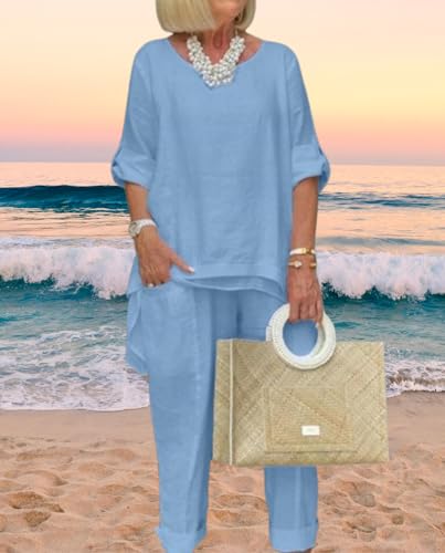 Stylish Blue Linen Pants Suit for Women - BIVENANT 2 Piece Dressy Cotton Set in 3X-Large - Image 6