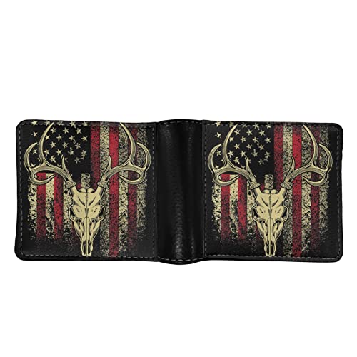 Ledback American Flag Skull Deer Hunting Print Bifold Wallets For Men Pu Leather Slim Credit Card Case Holder Money Organizers #TOP1