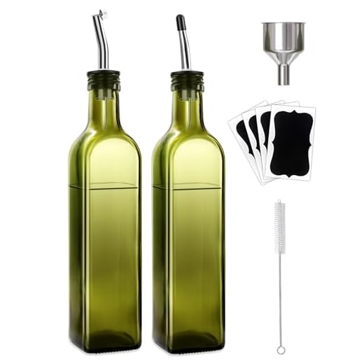 Leaflai Olive Oil Dispenser Bottle, 2 Pcs Green Glass Olive Oil Dispenser and Vinegar Dispenser Set with 2 Stainless Steel Pourers, 4 Labels,1 Brush and 1 Funnel Oil Bottles for Kitchen (500ml)