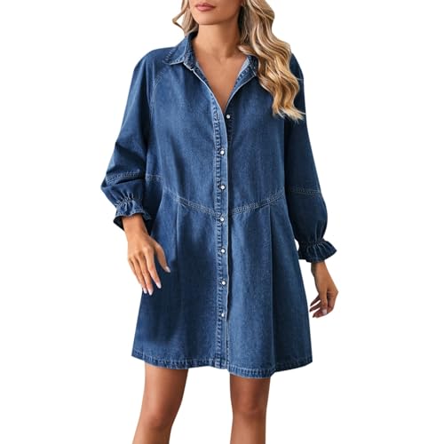 Jeanskleid Damen Knielang Kleid Damen Langarm Kleider mit Button Down Knopfleiste Denim Shirt Casual Midikleid Elegant Freizeitkleid Mode Strandkleid...