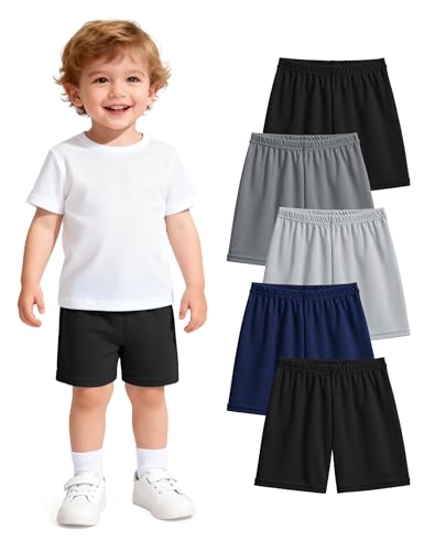 WRYGRTA 5 Pack Toddler Boy Athletic Shorts Baby Boys Basketball Shorts Soccer Short Pants Black/Dark Grey/Light Grey/Navy 4T