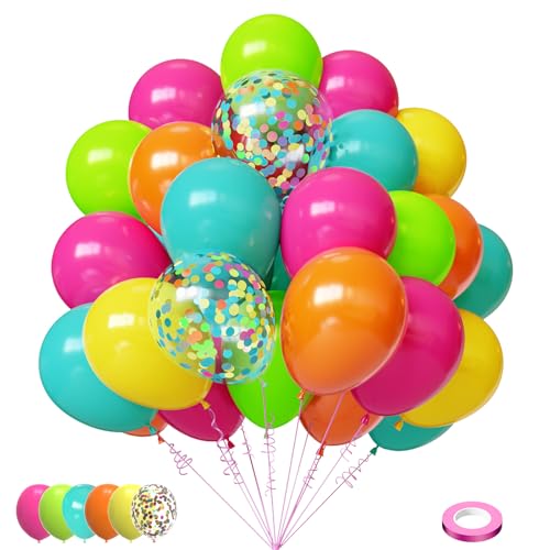 Lukiituke Tropical Rainbow Balloons, Summer Hot Pink Yellow Orange Lime Green Teal Party Balloons Multicolor for Summer Hawaiian Luau Aloha Birthday Pool Party Decorations