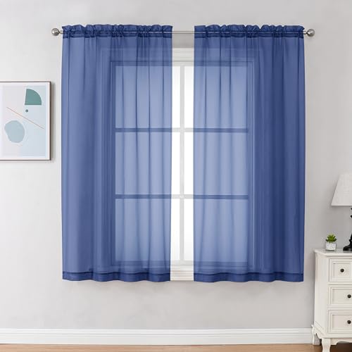 Image of Chyhomenyc Royal Blue Sheer Curtains 63 Inch Length 2 Panels, Rod Pocket Solid Window Sheer Curtain Panels, Elegant Curtains & Drapes for Living Room Bedroom 2 Panels (Royal Blue, 42 W x 63 L)