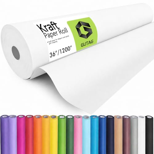 GUTAG 36 x 1200 (100) Kraft Paper Roll for Craft Bulletin Board Paper Art Table Covering Crafting Gift Wrapping Bouquet Packing Parcel 70GSM 50LB (White 36x1200)