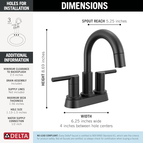Delta Nicoli Centerset Matte Black Bathroom Faucet with Sprayer, 4 Inch 3 Hole Bathroom Sink Faucet with Pull Out Sprayer, Push-Pop Drain, Matte Black 25749LF-BLPD by DELTA - Used condition - Image 6