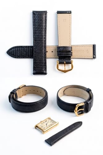 17mm Black Lizard Pattern Leather Watch Strap Replacement for Cartier Tank Style Watches, Gold buckle & Quick Release