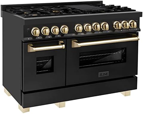 ZLINE Autograph Edition 48" 6.0 cu. ft. Dual Fuel Range with Gas Stove and Electric Oven in Black Stainless Steel with Gold Accents (RABZ-48-G)