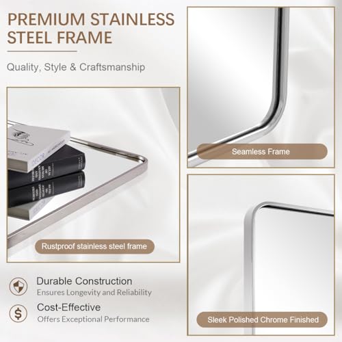 Image of ANDY STAR Chrome Bathroom Mirror, 22x30'' Rounded Rectangle Polished Nickel Mirror for Vanity, SUS304-Anti-Rust, Wall-Mounted Vertical /Horizontal 1'' Deep