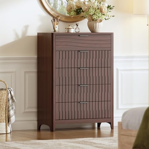 Image of Fluted 5 Drawers Dresser for Bedroom, 44'' Tall Wooden Chest of Drawers with Metal Handles, Modern Dresser TV Stand, Wood Clothing Storage Organizer for Living Room, Entryway, Walnut