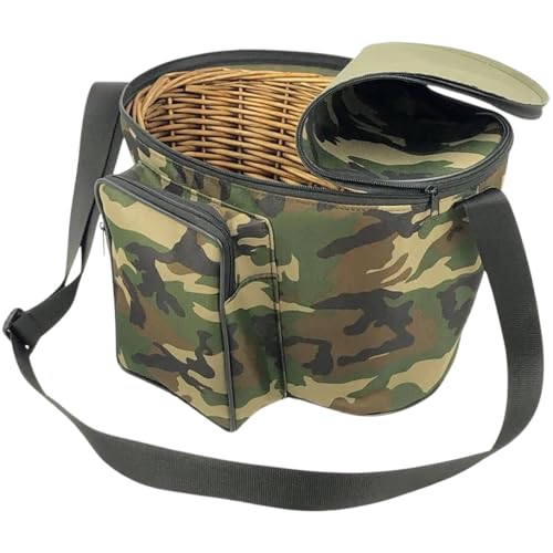 acquaverde | Borsa a Tracolla Portafunghi Professionale, con Tasca, Verde Mimetico, Cesto in Vimini per Raccolta Funghi e Pic-Nic - cm. 38x28x22