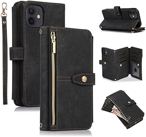 UEEBAI Wallet Case for iPhone 12 mini 5.4 inch, Retro 9 Card Holder Slots Zipper Pocket Handbag Case PU Leather Magnetic Closure Kickstand with Wrist Strap TPU Shockproof folio Case - Blue