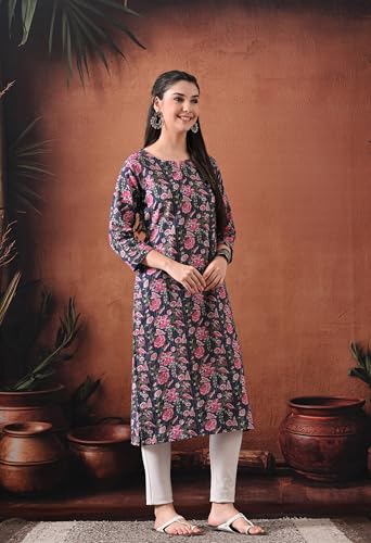 Image of Ichaa Women's Pure Cotton A-Line Katha-Work Ethnic Round-Neck Kurta with 3 /4th Sleeve for Daily and Office Wear, in Plus Sizes