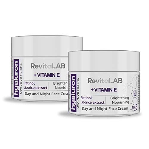 RevitaLAB Hyaluron Anti-Ageing Day and Night Cream Enriched with Vitamin A (Retinol) Vitamin E Liquorice Root Extract Hyaluronic Acid and UV Filters for Ages 60 75 2x 50 ml (Multipack)