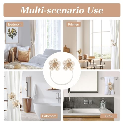 Image of Catchy Rope White & (Set of Brown Holders Holdback 2) Curtains Tieback Drapery Jute Tiebacks. Natural Decorative Window Neutral Combo Curtains Floral Curtain Beautiful (8, White)