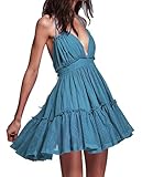 R.Vivimos Womens Summer Halter Deep V Neck Sexy Patchwork Mini Short Dresses (Large, Blue)