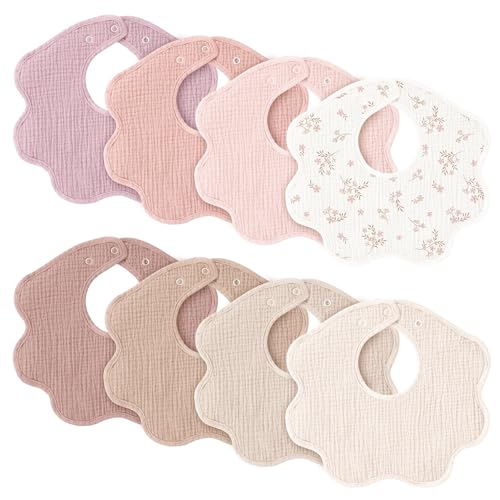 Konssy Muslin Baby Bibs 8 Pack, 100% Cotton Absorbent Bandana Drool Bibs for Teething and Drooling for Unisex Boys and Girls