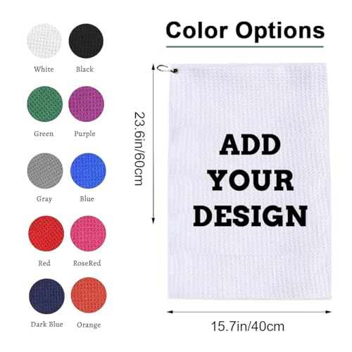 Yakify Personalized Golf Towels Bulk with Photo Logo Text Custom Microfiber Golf Towel with Clip for Men and Women, Golf Accessories, Golf Bag, Gym Towel Durable and Machine Washable (15.7