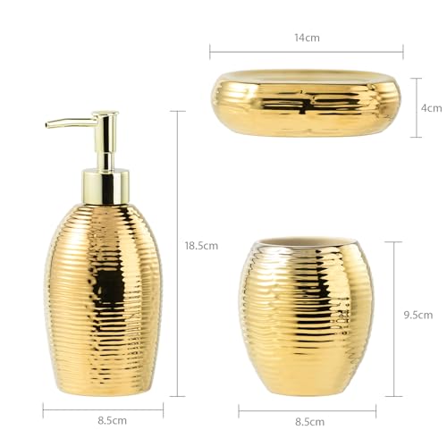 Gold Seifenspender Set, 3-teiliges Keramik Badezimmer Zubehör Set, Badezimmer Seifenschale und Luxus Cup Set（Streifen）