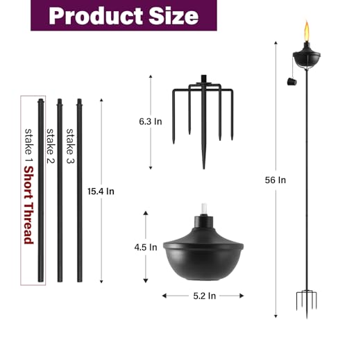 ZSPENG Home Garden Metal Torch Set of 6, Outdoor Citronella Torches with 5-Prong Grounded Stake, 56-Inch Adjustable Height, 23.5 oz Capacity for Patio, Pathway, Party (Ultra-Stable Design, Black) by ZSPENG - Image 2