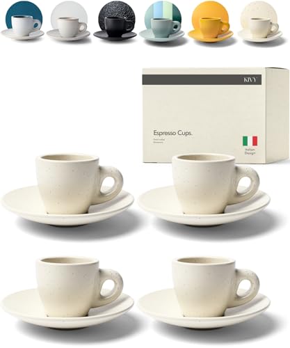 KIVY Juego de tazas de café expreso [4 x 75 ml] – tazas de espresso con platillos – tazas de café expreso hechas a mano de pared gruesa – tazas de espresso italianas