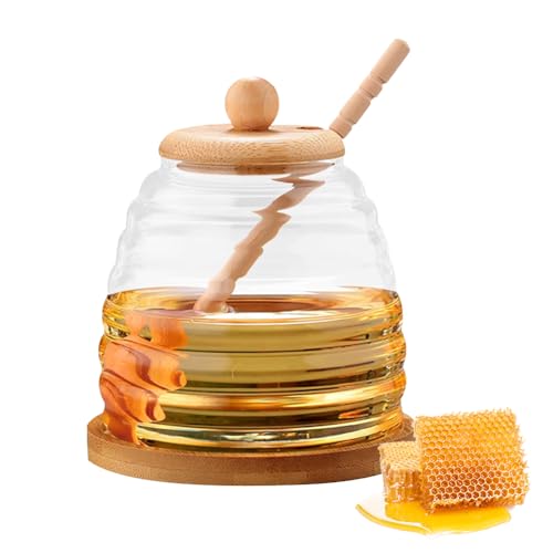 FOGARI Honigglas mit Honiglöffel Holz 500ml - Honigspender, Honigtopf mit Deckel, Honiggläser mit Löffel, Honigglas mit Holz Deckel, Honigtopf Lebensmittelbehälter