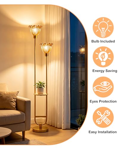 Image of Lightdot 2-Lights Modern Glass Floor Lamp with Table Gold Standing Tall Lamps with Amber Floral Glass Shade,LED Floor Lamp with Foot Switch for Living Room Bedroom Home Decor (3000K Bulbs Included)
