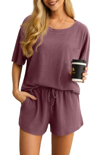 VINTATRE Pajama Sets for Women Waffle Knit Lounge Set 2 Piece Outfits Loungewear Sweatsuit with Pockets Brick Red S