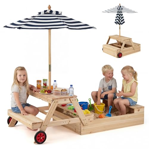COSTWAY Table de Pique-Nique Enfant avec Parasol Amovible et Bac à Sable, Salon de Jardin en Sapin avec 2 Bancs et Plateau Amovible, 2 Boîtes pour Sable &...