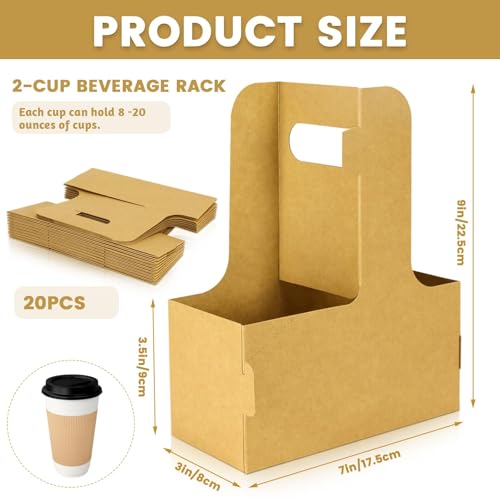 CZWESTC 20 Pcs 2-Cup Drink Carrier with Handle, Heavy-Duty Disposable Paperboard Cup Holder for Hot/Cold Drinks, Coffee, Food Delivery, Takeout, Cafe, Restaurant - Thumbnail 2