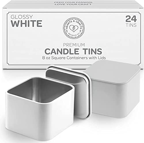 Hearts & Crafts White Square Candle Tins 8 oz with Lids - 24 Pack Durable, Heat Resistant, Non-Rusting Tin Containers for Candle Making, Crafts, Gifts, and Storage and DIY Projects