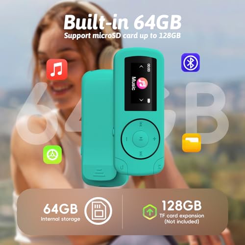Image of 64GB Sport Clip on MP3 Player with Bluetooth- Superlight Mini MP3 Player(NO FM),Recorder, MicroSD Support, Shuffle Playback for Running, Cycling, Hiking, Climbing and Yoga