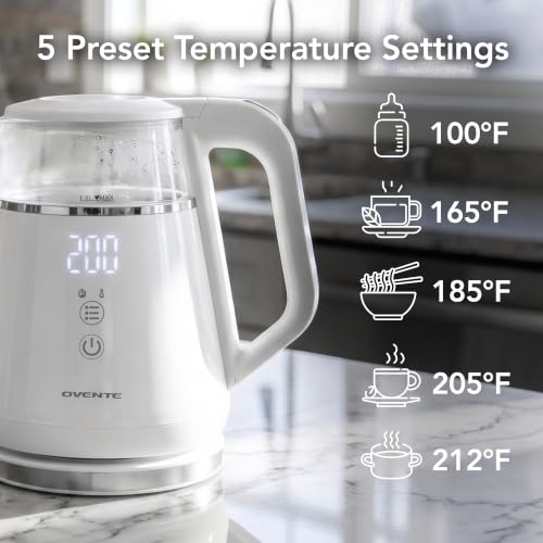 Image of OVENTE 1L Electric Kettle with Temperature Control, 1500W, White KD95W | Water Boiler With Digital Display, 5Hr Keep Warm, Auto Shut-Off, Double-Wall Cool-Touch Exterior, BPA-Free Borosilicate Glass