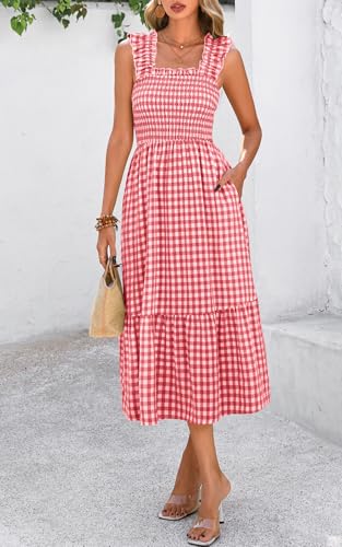 Image of PRETTYGARDEN Women's Summer Dress Casual Ruffle Strap Gingham Midi Sundress