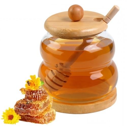 Korechain 330ml Glass Honey Jar with Wooden Lid, Honey Pot with Dipper, Table Decoration