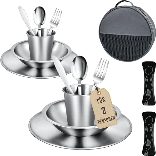 Campingbesteck Set Camping Geschirr Set mit Edelstahl Besteckset Tellern Schalen und Bechern. Inklusive Bestecktasche. Tragbares Geschirrset für Outdoor Picknick Grillen [15-teiliges 2 Personen]