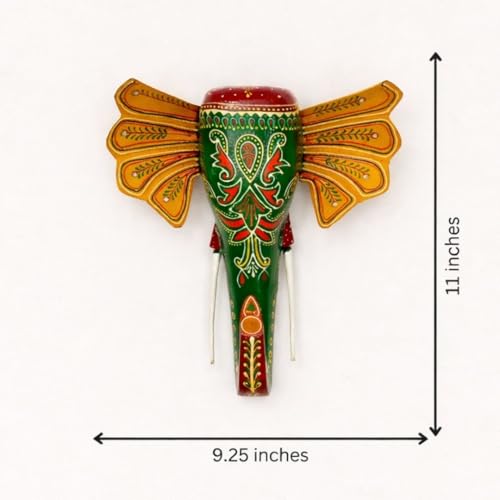 Image of ATRANGI STUDIO Handpainted Wooden Elephant Wall Decor | Ethnic Wooden Wall Art | Symbol of Strength & Wisdom | Wall Hanging for Home, Corridor & Balcony | Ready to Hang | 11 Inch, Green