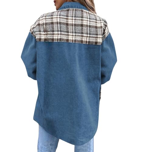 Jean Jacket Women Long Sleeve Plaid Shacket Jacket Casual Button Down Denim Shirts Fashion Boyfriend Jean Blouses3