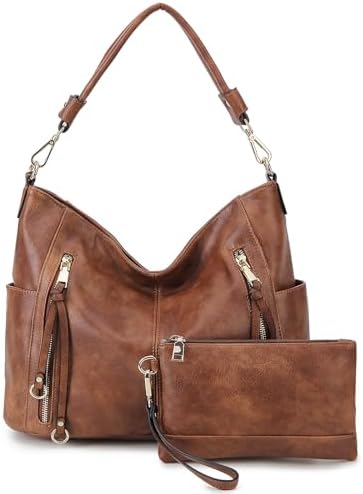 Chase Chic Bolsos de Mujer Hobo, Bolsos Bandolera Bolsos Tote Bolsos de hombro Grande PU Cuero Monedero Carteras 2pcs Set Marrón