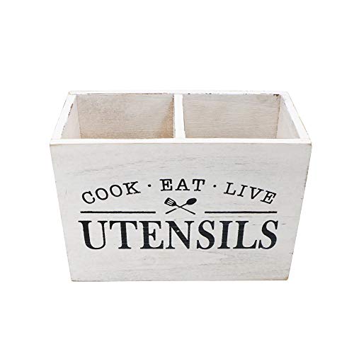 Karisky Solid Wood Kitchen Utensil Holder with 2 Compartments, Large Rustic Farmhouse Utensil Set for Countertop 9.45 x 6.69 x 4.72 Inch, White