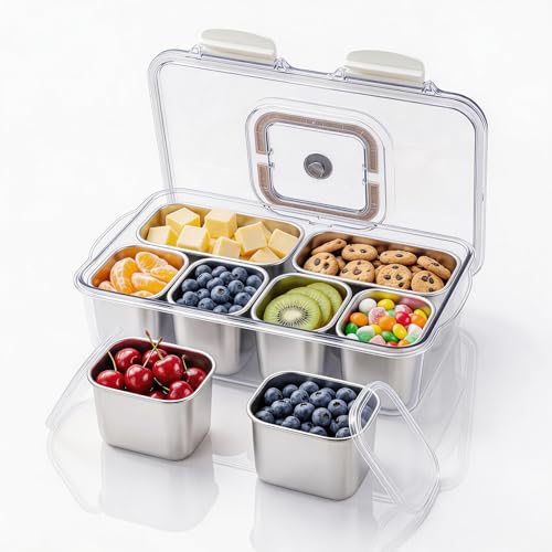 Koocovel 6-Compartment 304 Stainless Steel Snackle Box with Lid & Handle, Divided Serving Tray for Fruit, Veggie, Candy, Nuts – Portable Snack Container for Travel, Picnic, Beach, Party by Koocovel - Used condition - US$16.19
