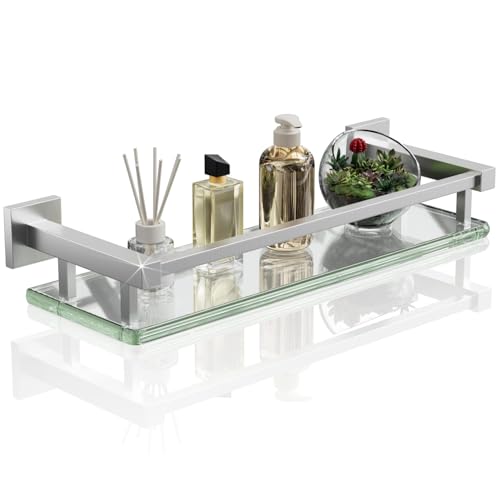 Alise Bathroom Glass Shelf with Stainless Steel Railing, Brushed ...