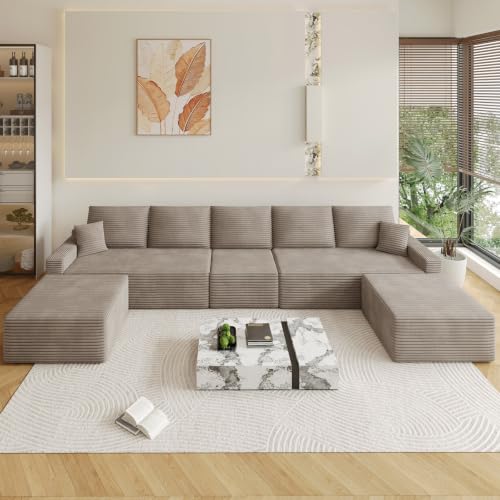 Image of Oversized Modular Sectional Sofa Couch,Large 7 Seater Corner Sofa Modern U Shaped Sectional Couch with Ottoman Cloud Couches for Living Room,Office, Spacious Space, Corduroy,No Assembly,Camel