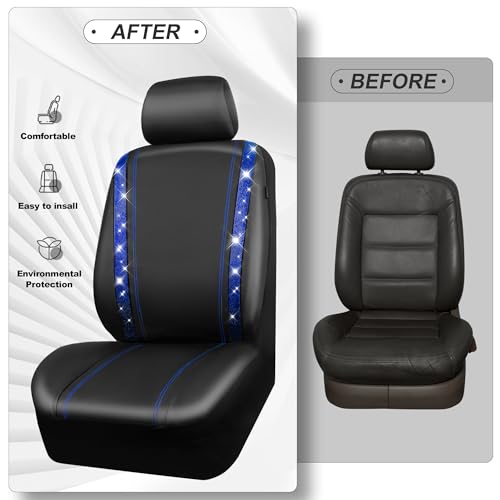 Image of CAR PASS Bling Diamond Car Seat Covers Full Set, Shining Rhinestone Waterproof Faux Leather, Rear with Zipper, Universal Fit Automotive Glitter Crystal Sparkle Strips for Cute Women Girl, Blue