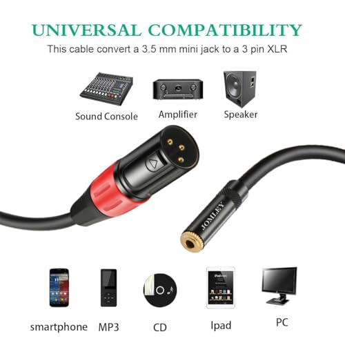 JOMLEY XLR to 3.5mm Adapter, Balanced Stereo Audio Cable - 1/8 Inch Mini Jack Female to XLR Male - 1ft, Black - Image 2
